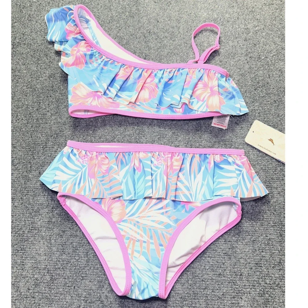 Tommy Bahama Girls Tropical Floral One Shoulder Ruffle Bikini Set Size 12 NEW